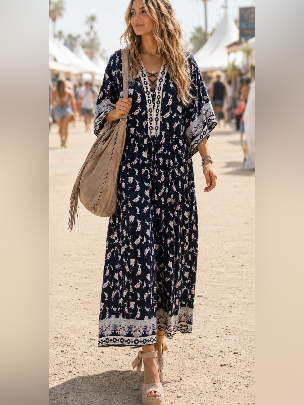2X Angie Navy Floral Boho Flowy Jumpsuit with Sleeves